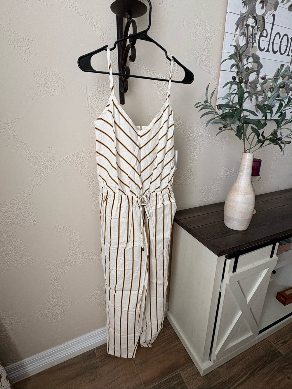 ECI Cream and Brown Striped Spaghetti-Strap Jumpsuit